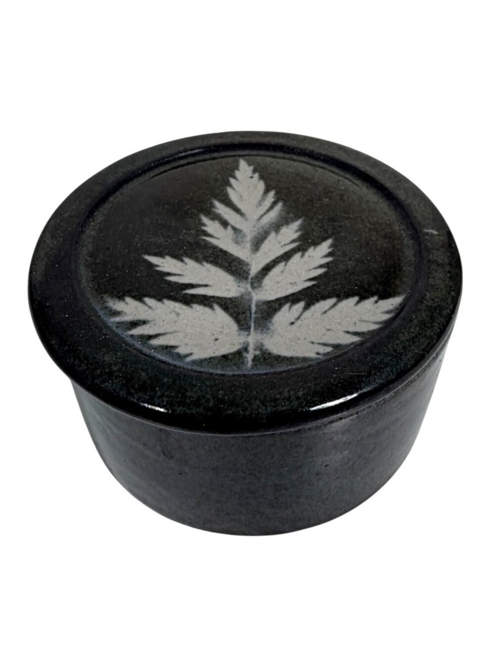 Vintage Handmade Black Ceramic Trinket Box Fern Leaf Imprint w/ Lid Signed LCS
